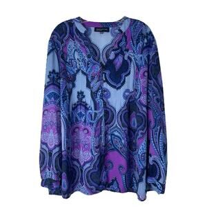 Jones NY blue purple pleated chiffon lightweight abstract button front top XL